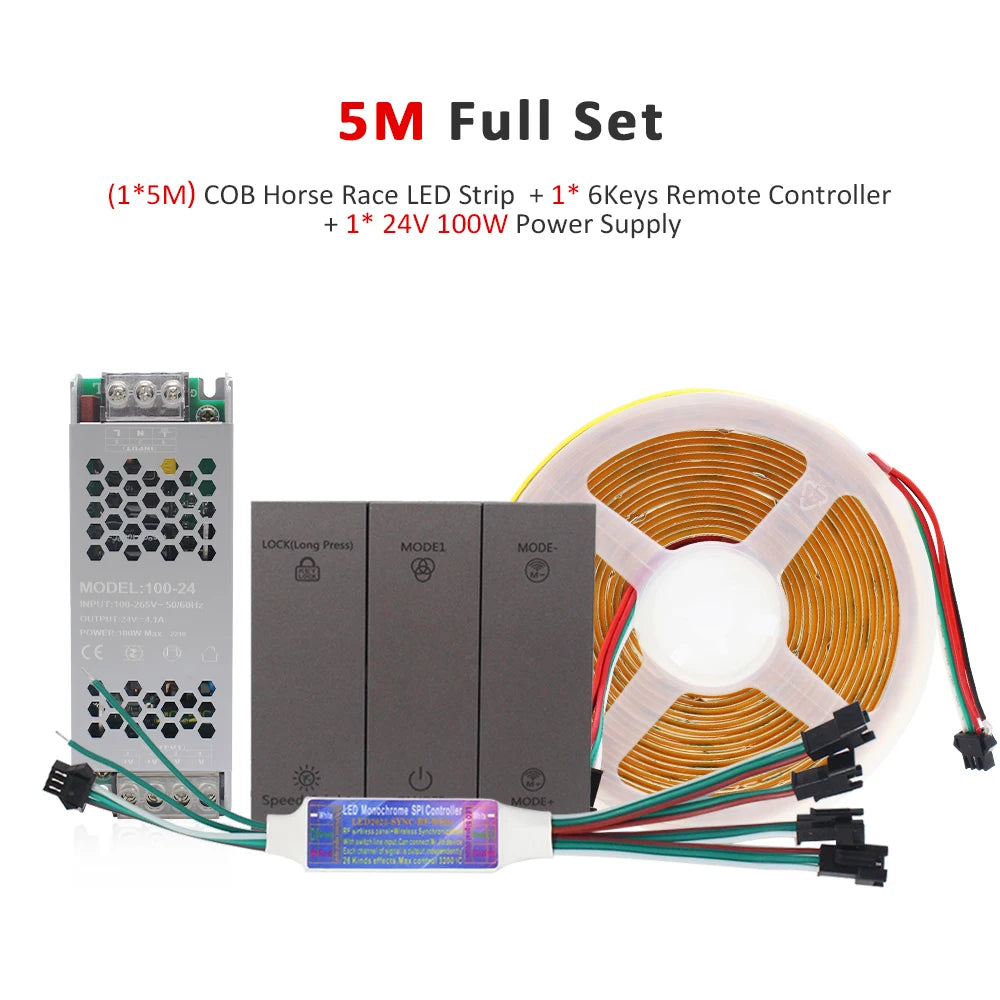 24V COB LED strip kit with controller, power supply, and coiled ribbon strip