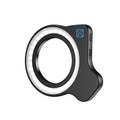 Small black circular ring light for phones with side control buttons for adjustable brightness and photography lighting.
