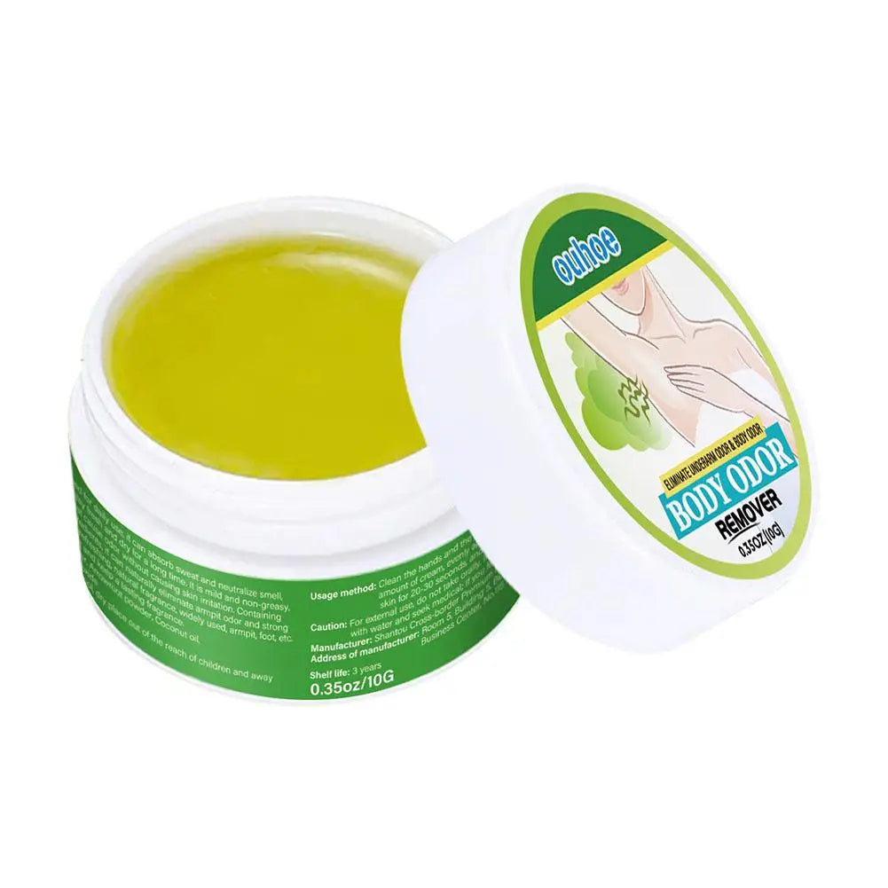 Natural underarm deodorant cream with a smooth yellow gel texture in a white 10g jar for odor and sweat removal.