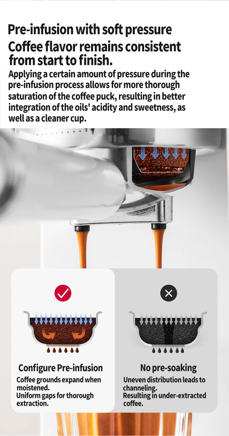 Espresso machine portafilter showing pre-infusion process for uniform coffee extraction and balanced flavor.