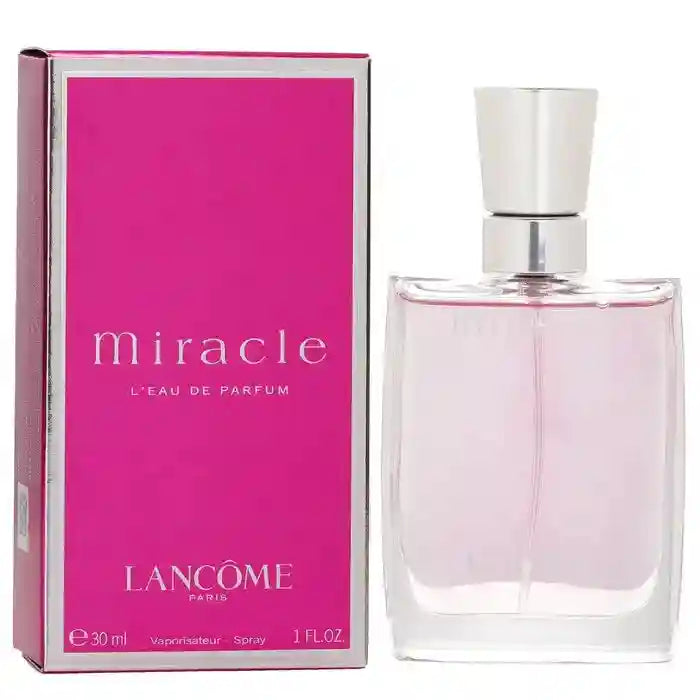 Lancôme Miracle Eau de Parfum for women, 30ml spray. Clear square glass bottle with pink floral scent. Original perfume.