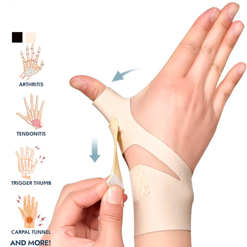 Beige thumb brace wrap for arthritis, tendonitis, and trigger thumb pain relief.