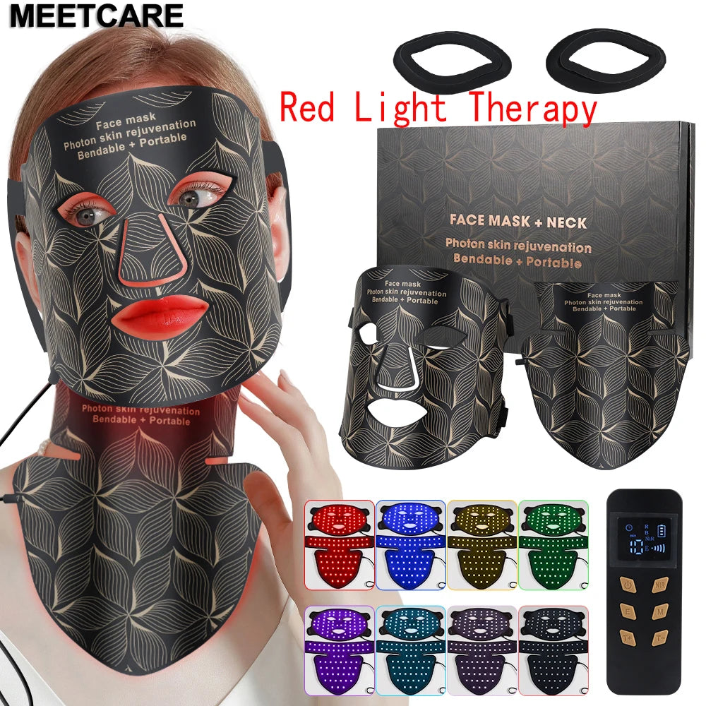 8-color LED face and neck mask for anti-aging, acne, and skin rejuvenation with remote control and infrared therapy.