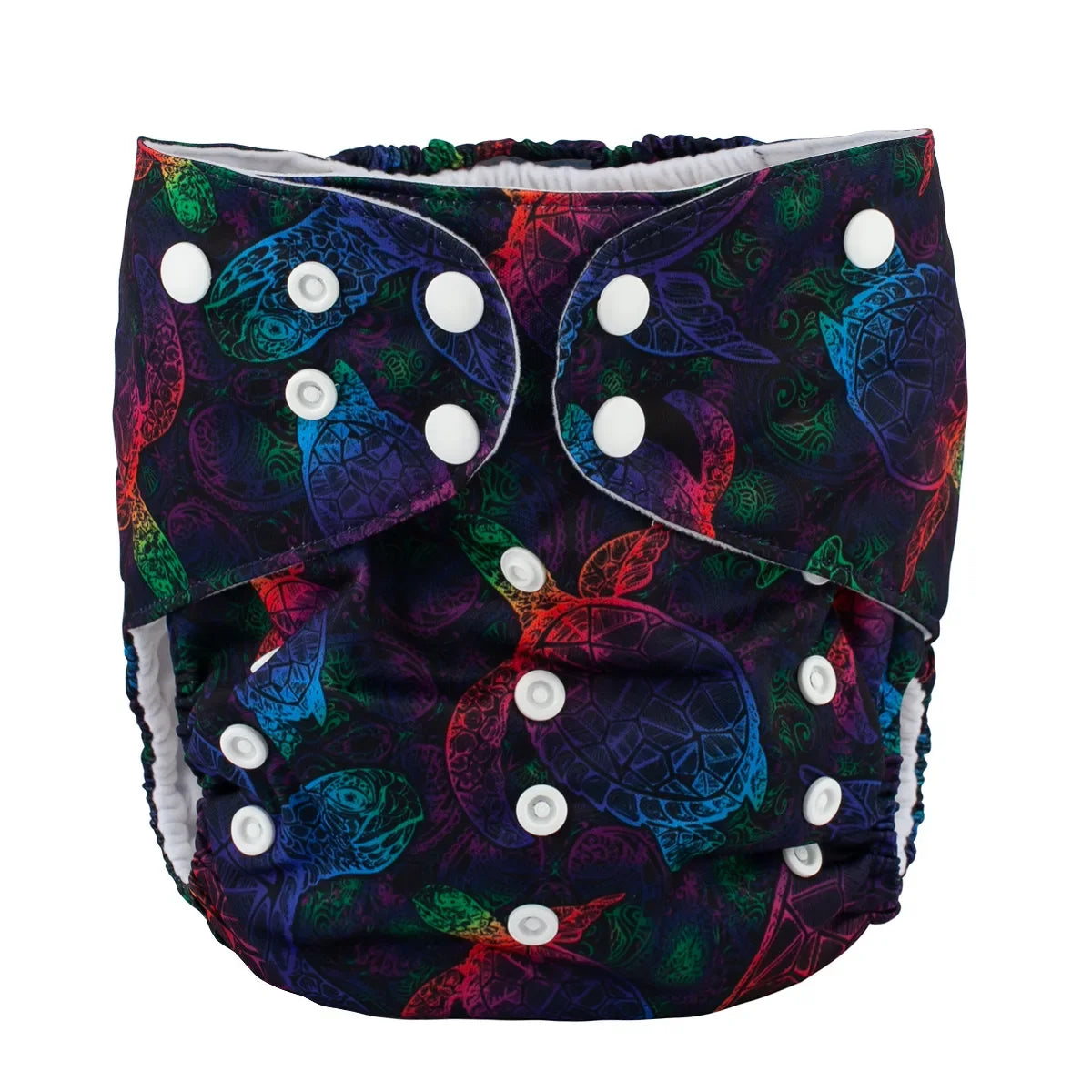 Reusable baby cloth diaper with rainbow sea turtle print and adjustable snap buttons.