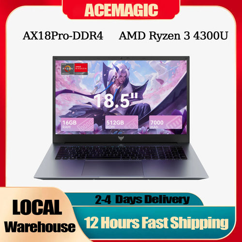 Gray 18.5-inch laptop with thin bezels, black keyboard, large trackpad, and an AMD Ryzen 3 sticker on the screen.