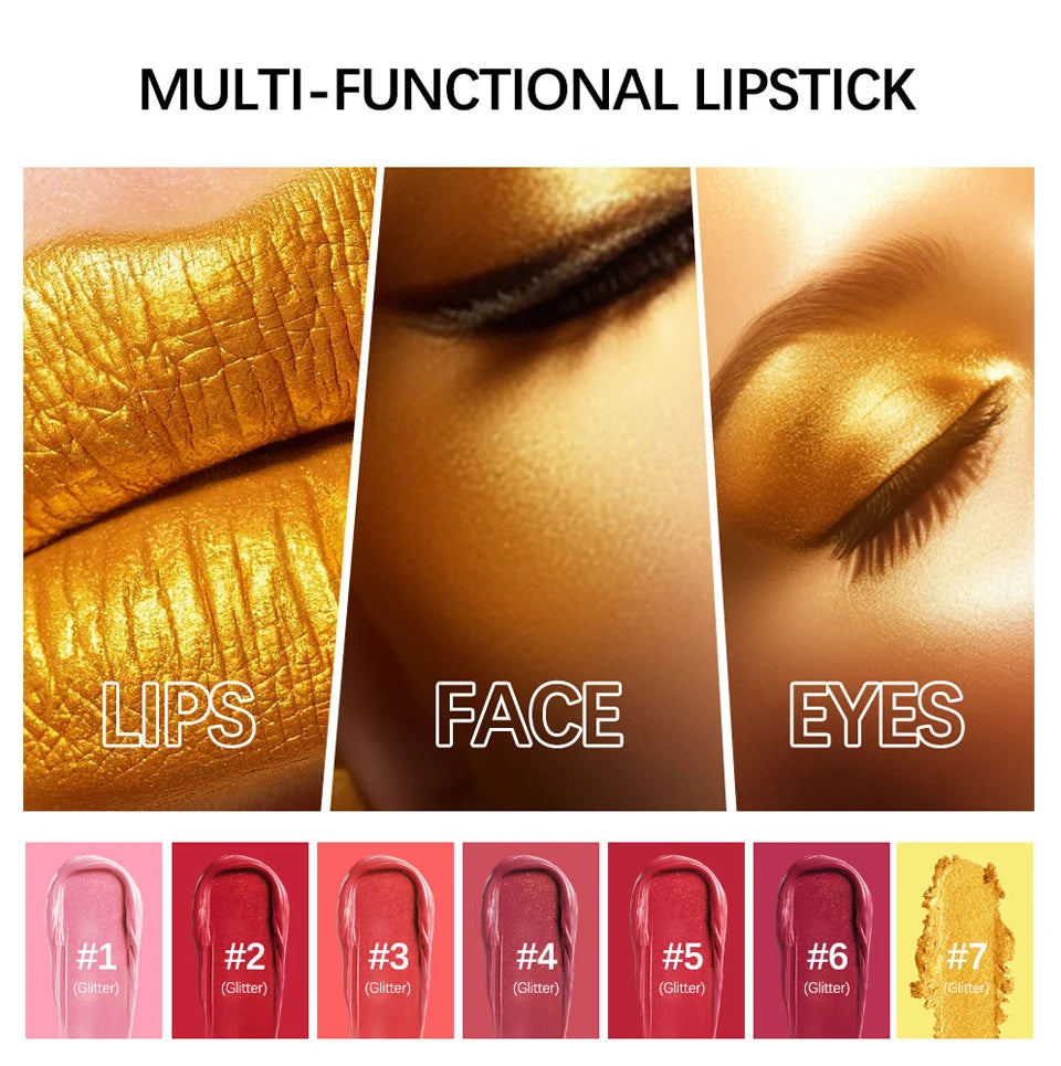 Multi-functional glitter gold lipstick and shimmer makeup palette for lips, face, and eyes. Long-lasting, waterproof.