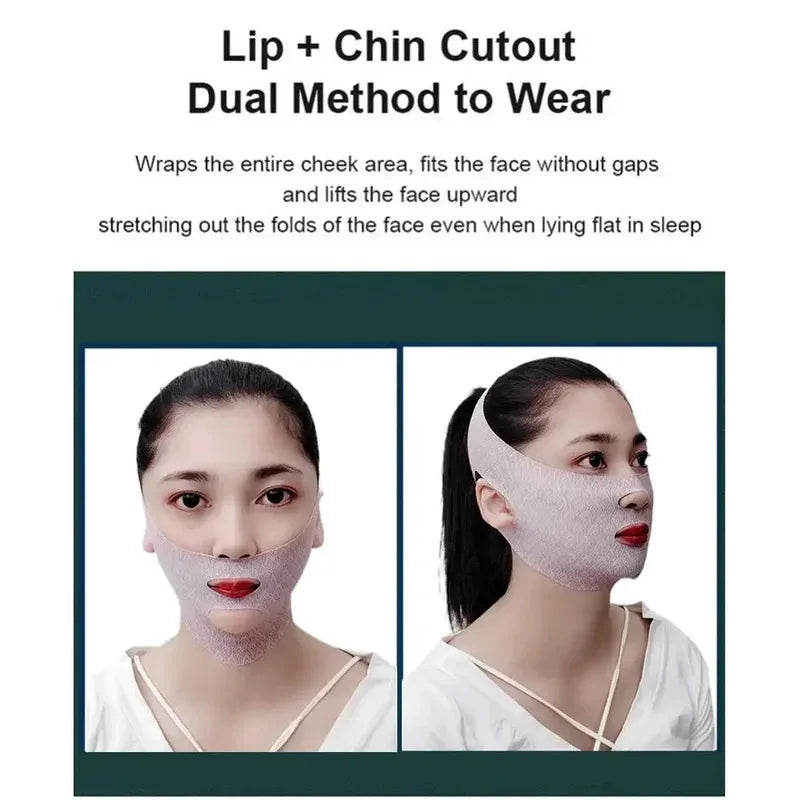 Two views of a woman wearing a beige, V-line lifting face bandage with a cutout for the mouth.