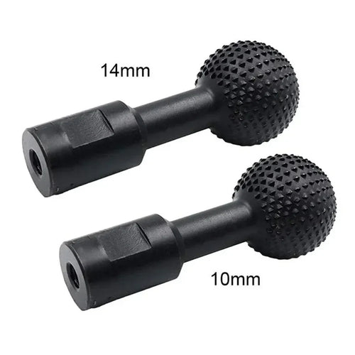 Two black spherical sanding attachments: 14mm and 10mm spindle sizes