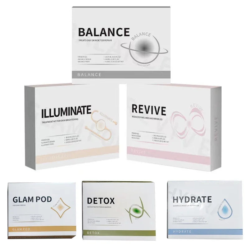 Five white skincare kit boxes labeled Balance, Illuminate, Revive, Glam Pod, Detox, and Hydrate with color accents.