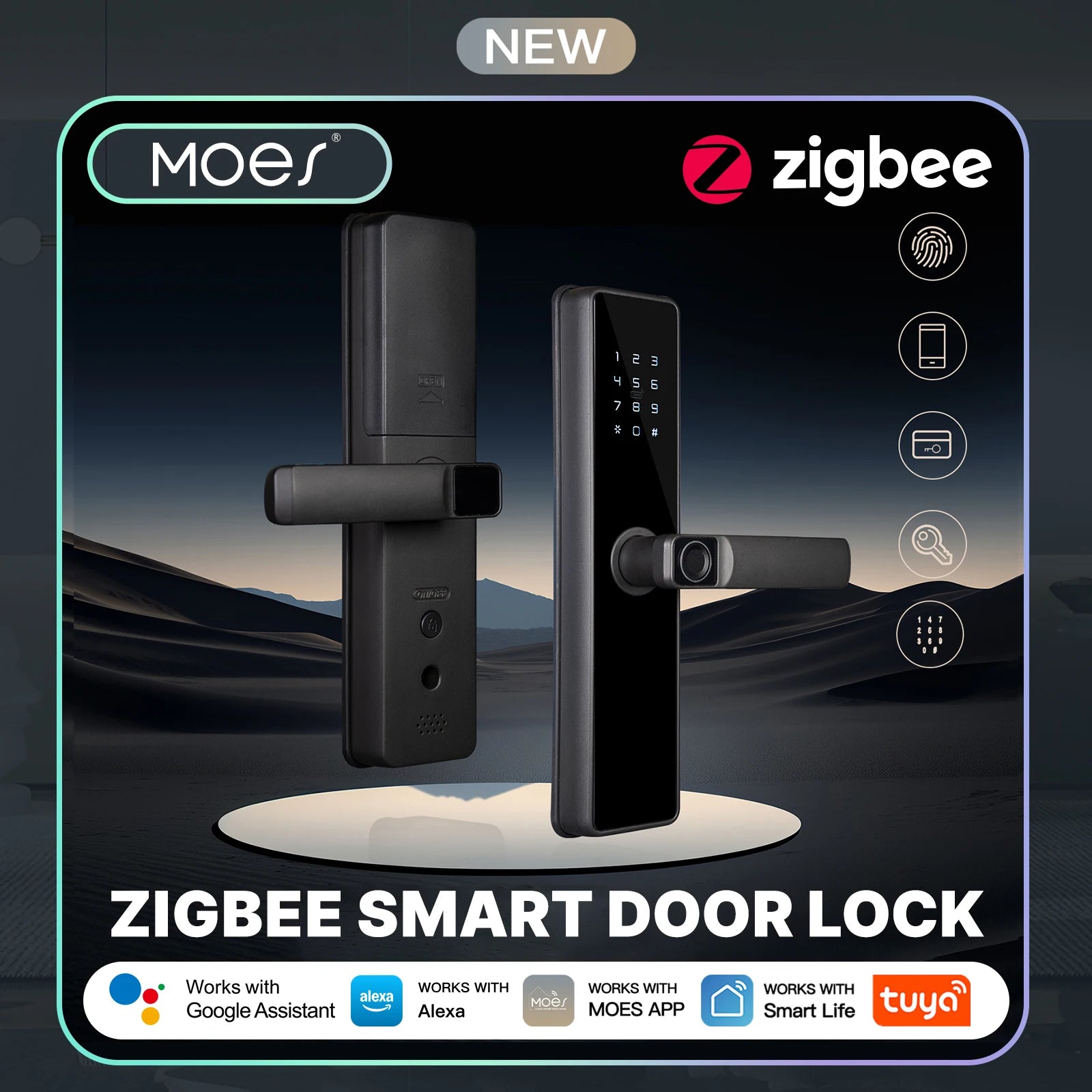 MOES Tuya ZigBee Smart Door Lock Indoor Password Fingerprint Remote Unlock Keycard Tamper Alarm Battery Powered Work With Alexa