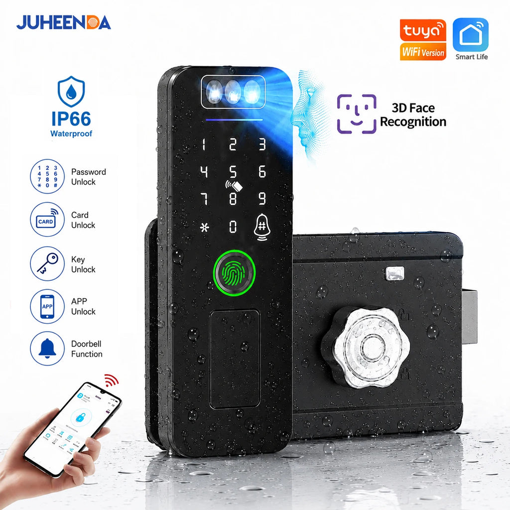 Outdoor Gate Waterproof Smart Tuya Wifi Lock 3D Face Recognition Digital Code Keyless App Remote Biometric Fingerprint Rim Lock
