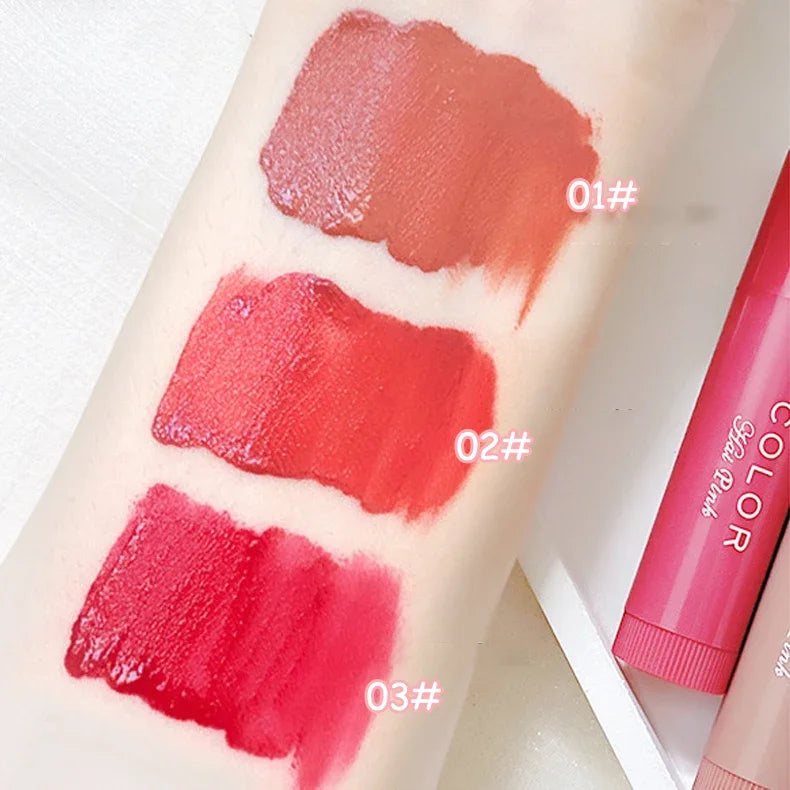 Swatch of three hydrating red and pink lipstick tints on skin with smooth, moisturizing finish and cute packaging.