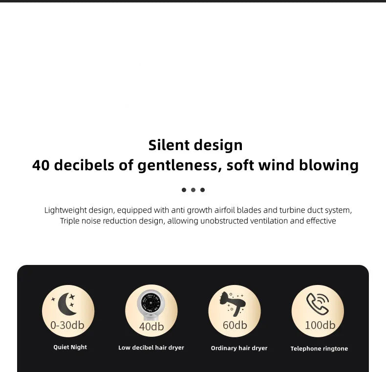 Quiet wall-mounted hair dryer with silent 40dB turbine tech and noise reduction for home and hotel bathroom use.