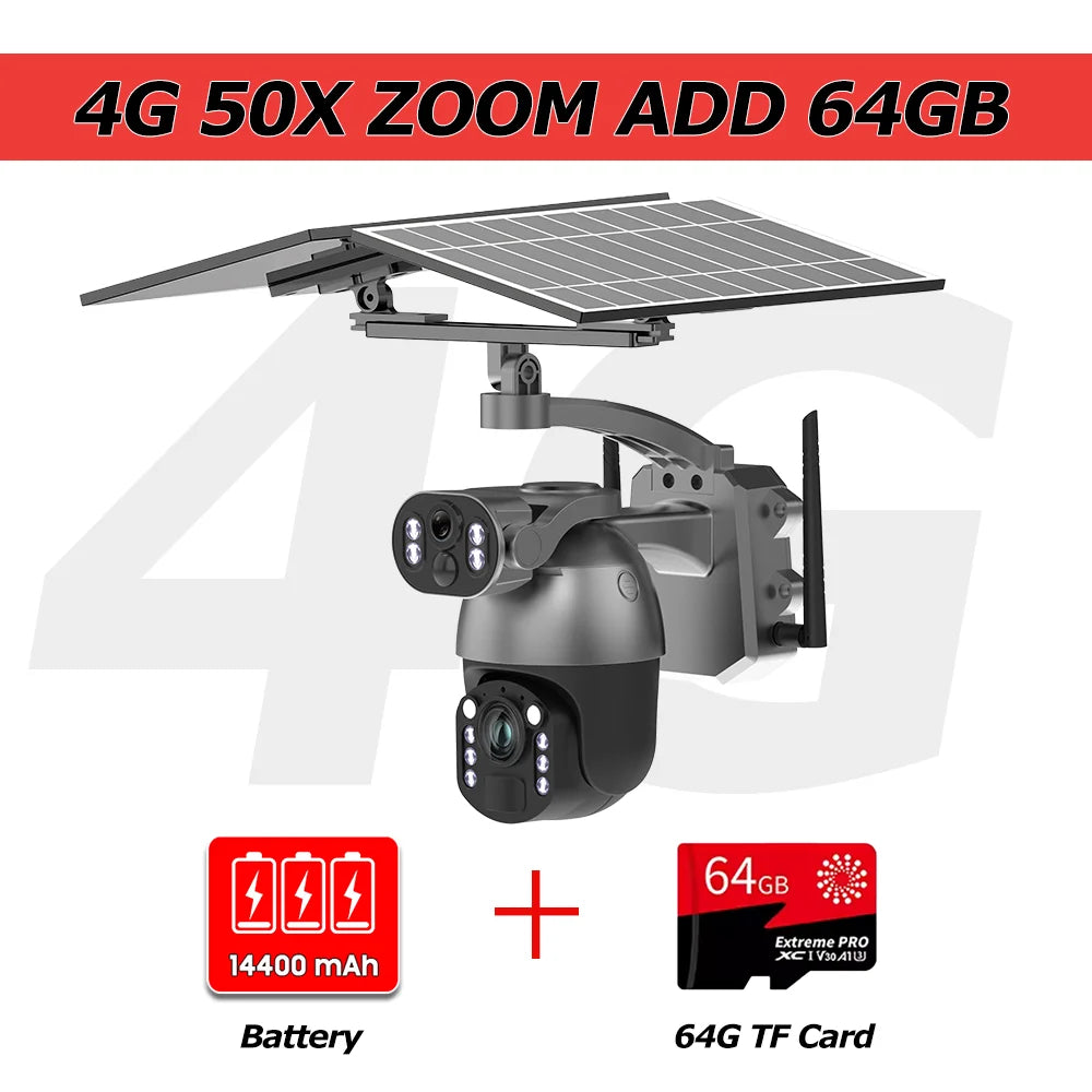 Solar PTZ security camera kit with dual-lens body, solar panel, battery, and 64GB TF card