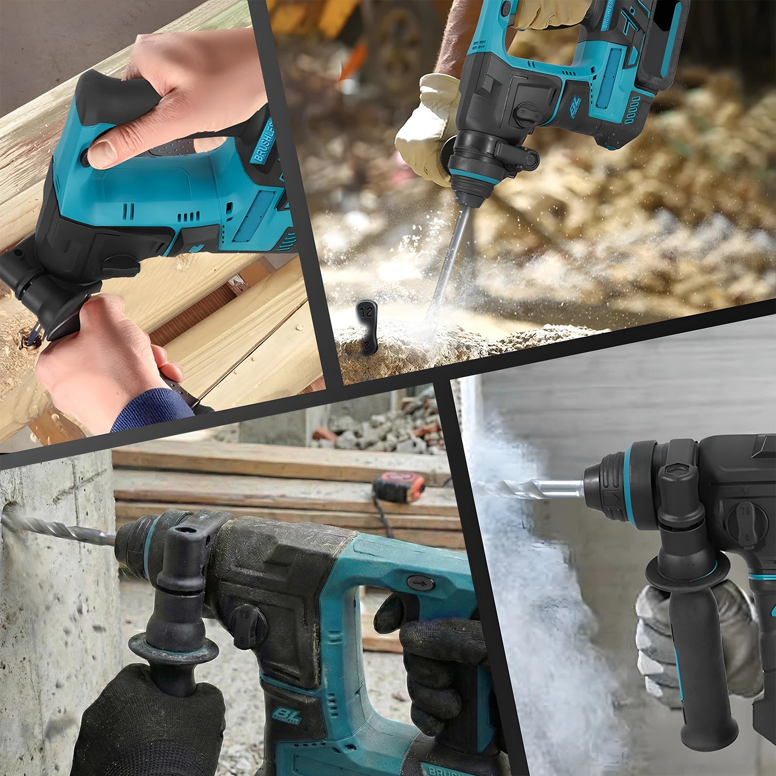 Podofo Brushless Cordless Rotary Hammer Drill Bare Tool Dual Modes Drilling Hammer Drilling For Concrete Brick Stone Masonry Wood Metal Home Renovation Heavy Duty Construction DIY Power Tool