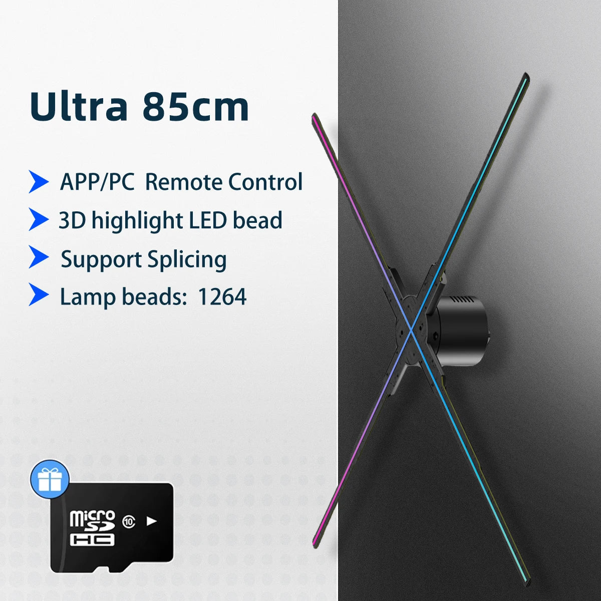 Ultra 85cm holographic LED fan light with crossed light tubes and remote control