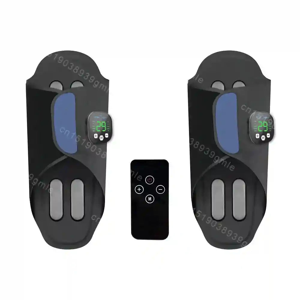 Black EMS foot massager pads with digital display, circulation therapy, and remote control for home foot relaxation.