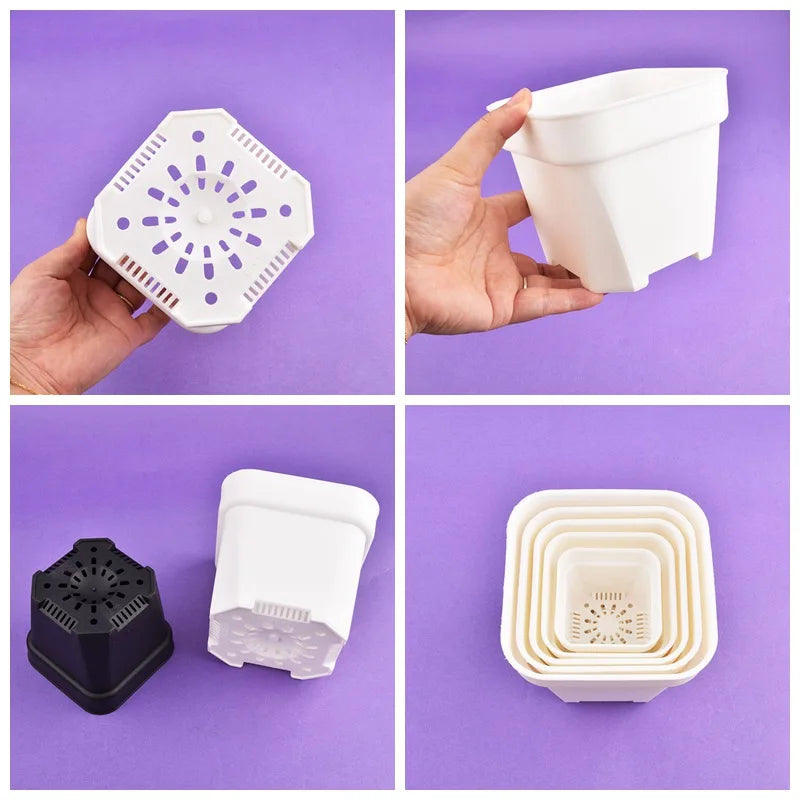 Square flower pots with drainage base and vent patterns, shown in white and black