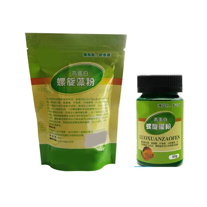 Tidesmit Spirulina Powder for aquarium fish and ornamental shrimp. High-protein healthy algae feed for aquatic nutrition.