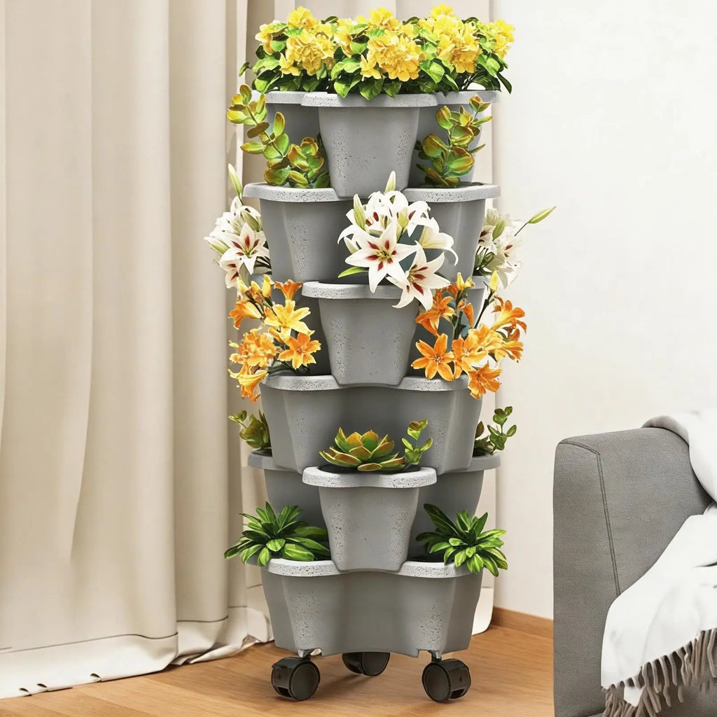Stackable Vertical Planter 4/5/6-Tier with Wheels Weatherproof Plastic Flower Pot Garden Towers for Vegetable Strawberry Planter
