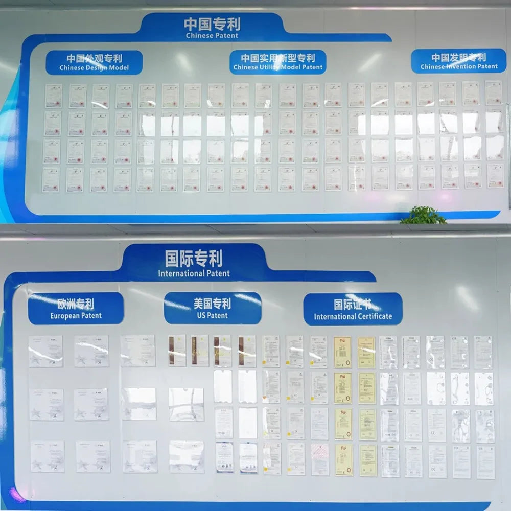 Display wall of Frovab rTMS brain stimulation machine international and Chinese patents for medical rehabilitation.