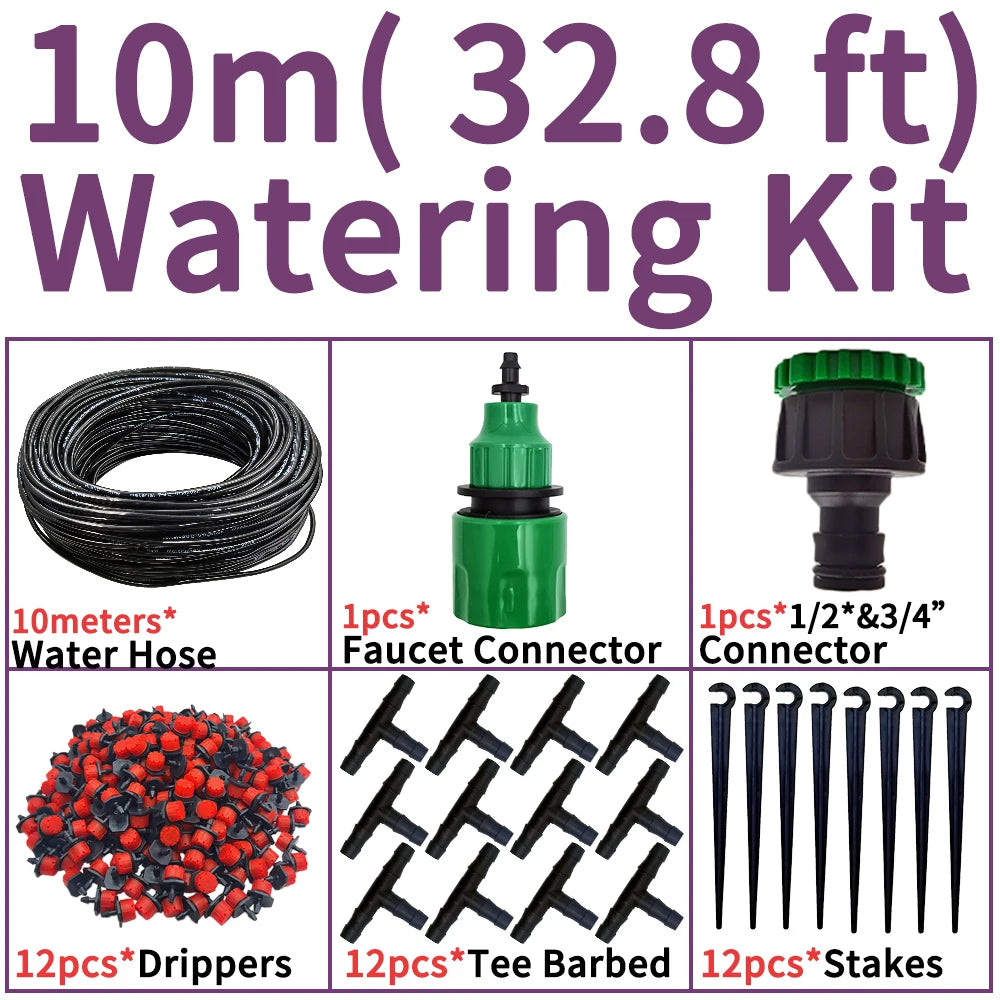 10m watering kit with black drip hose, green faucet connector, drippers, tee barbed, stakes