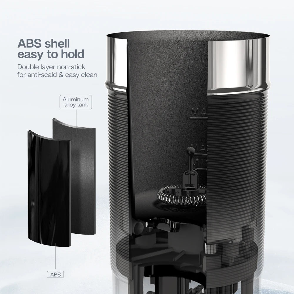 Black electric milk frother with ABS shell, non-stick aluminum alloy interior, and whisk mechanism cross-section.