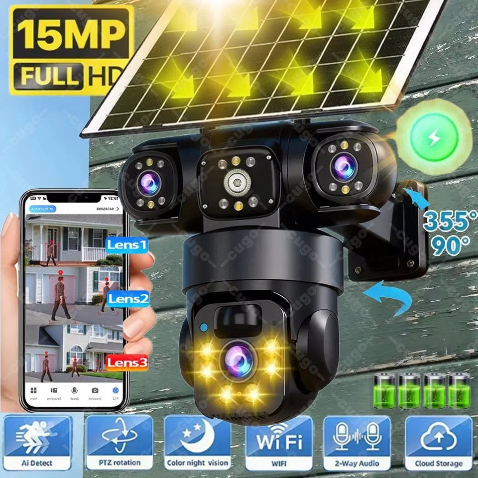 8K HD Solar Security Camera WiFi Wireless Outdoor Dual Lens Solar IP Camera PIR Human Detection Night Vision Battery CCTV Camera