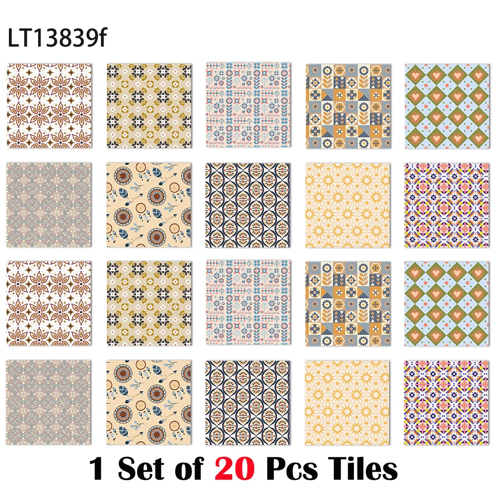 Square vintage tile wall sticker set, glossy multicolor geometric and floral motifs on white