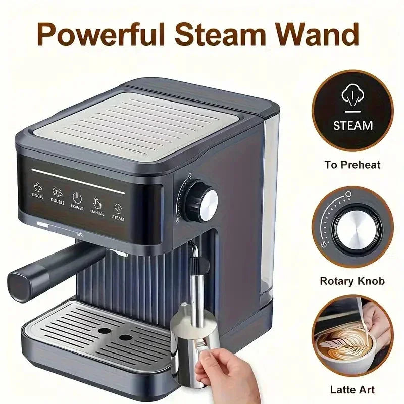 Black compact espresso machine with steam wand, rotary knob, and digital touch controls for home latte art.