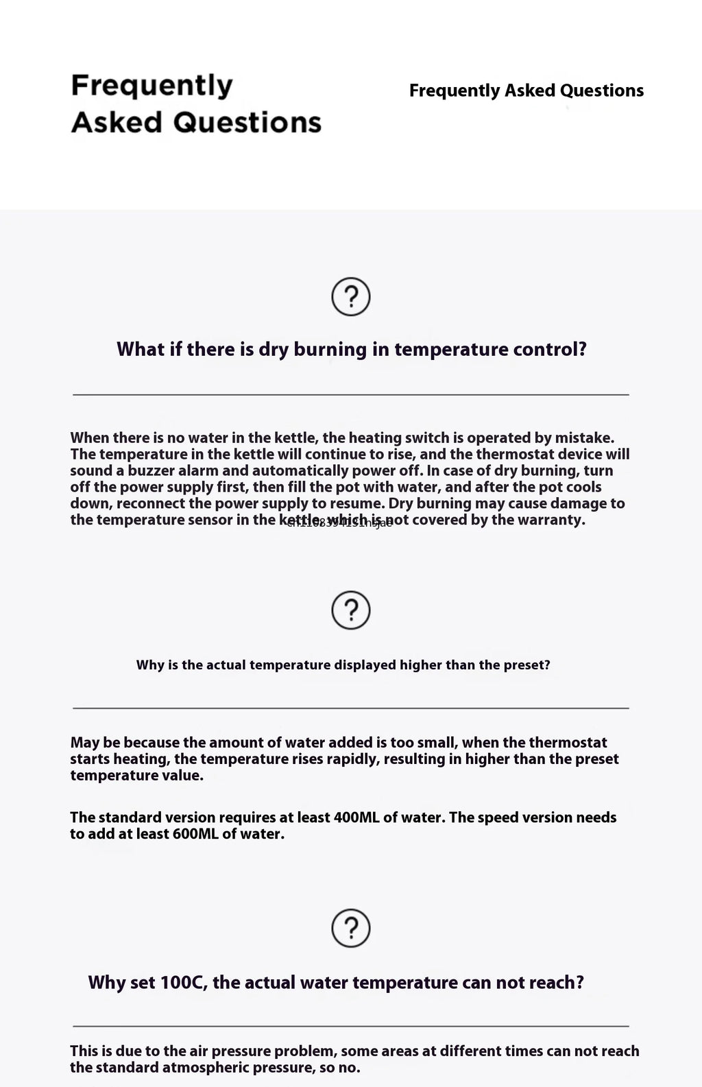 FAQ guide for electric kettle, covering dry burning protection, temperature control, and water volume requirements.