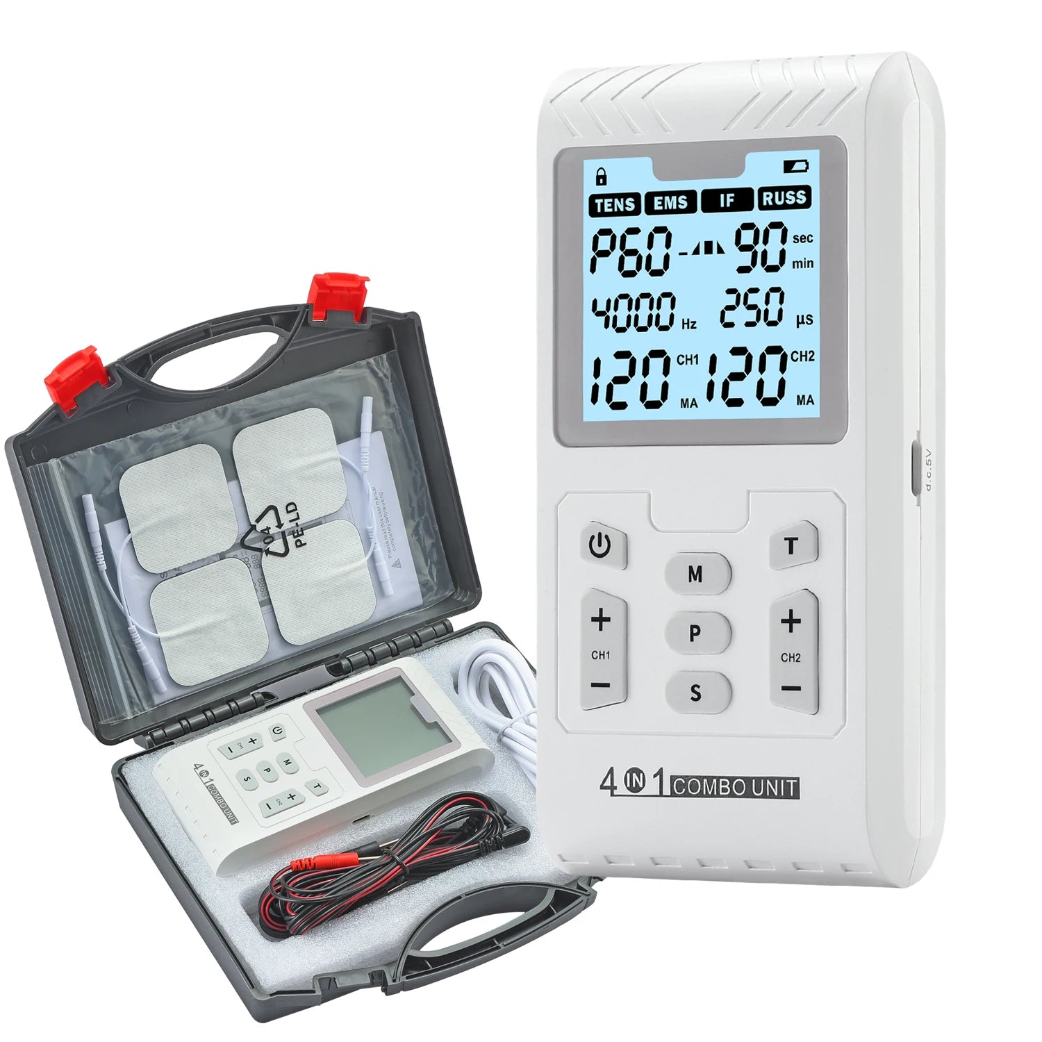4-in-1 IFT, RUSS, EMS and TENS therapy device with digital display, electrode pads, and carrying case for massage.
