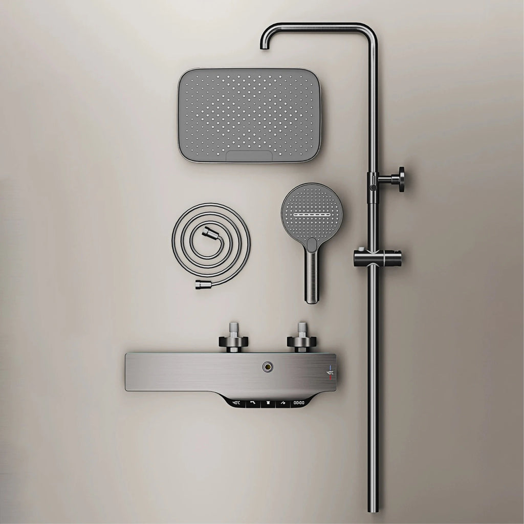 Luxury Brass Gun Gray Shower System Intelligent LED Digital Display Constant Temperature Design, Dual Control Bathroom Faucet