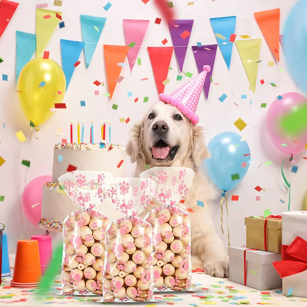 Clear cellophane paw print treat bags for pet birthday party favors, heat sealable, perfect for dog snack gift packaging.