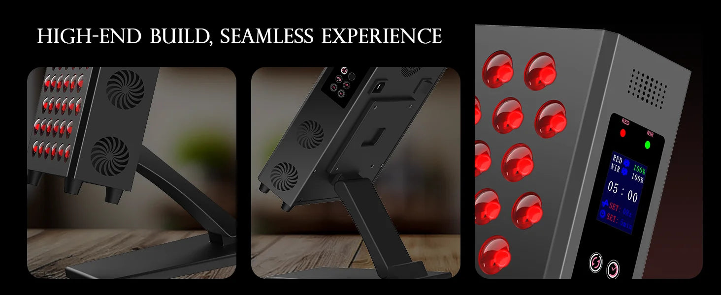 LED red light therapy panel for pain relief and skin anti-aging with digital display, cooling fans, and desk stand.