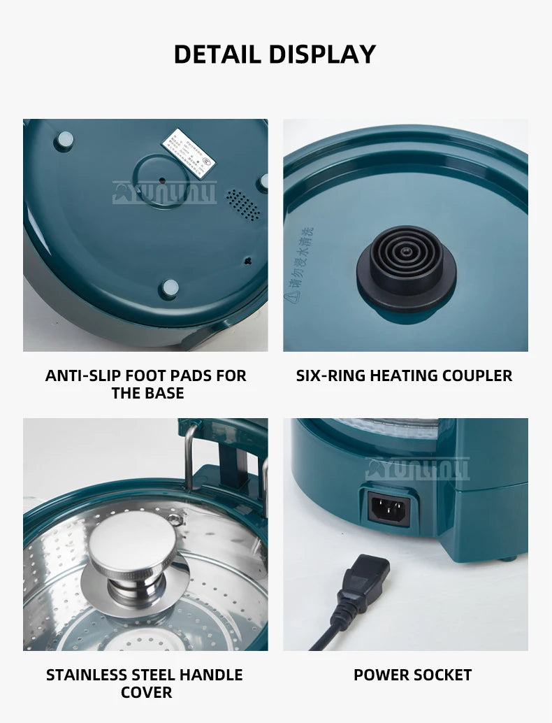 3L electric hot pot steamer with anti-slip feet, stainless handle cover, and power socket