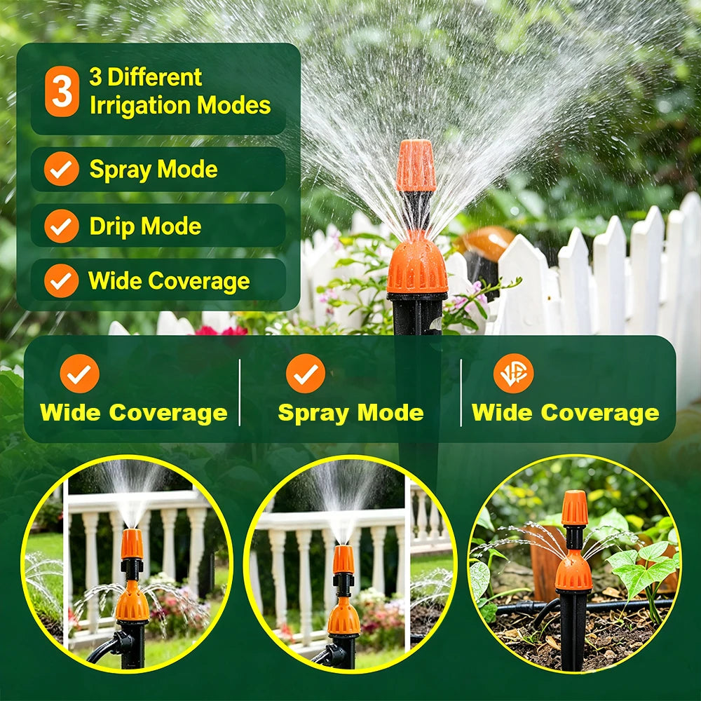 Orange and black 2-in-1 drip & spray irrigation stake nozzle with water spray