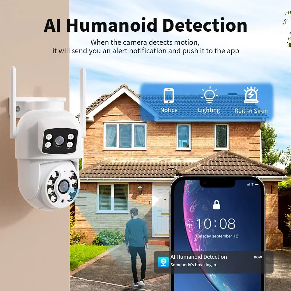 8MP 4K Dual Lens with Dual Screen Wifi Camera PTZ Wireless Outdoor Surveillance Camera Ai Human Detect Auto Tracking V380 App
