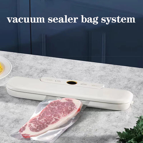 White vacuum bag being sealed with a vacuum sealer unit and food pouch