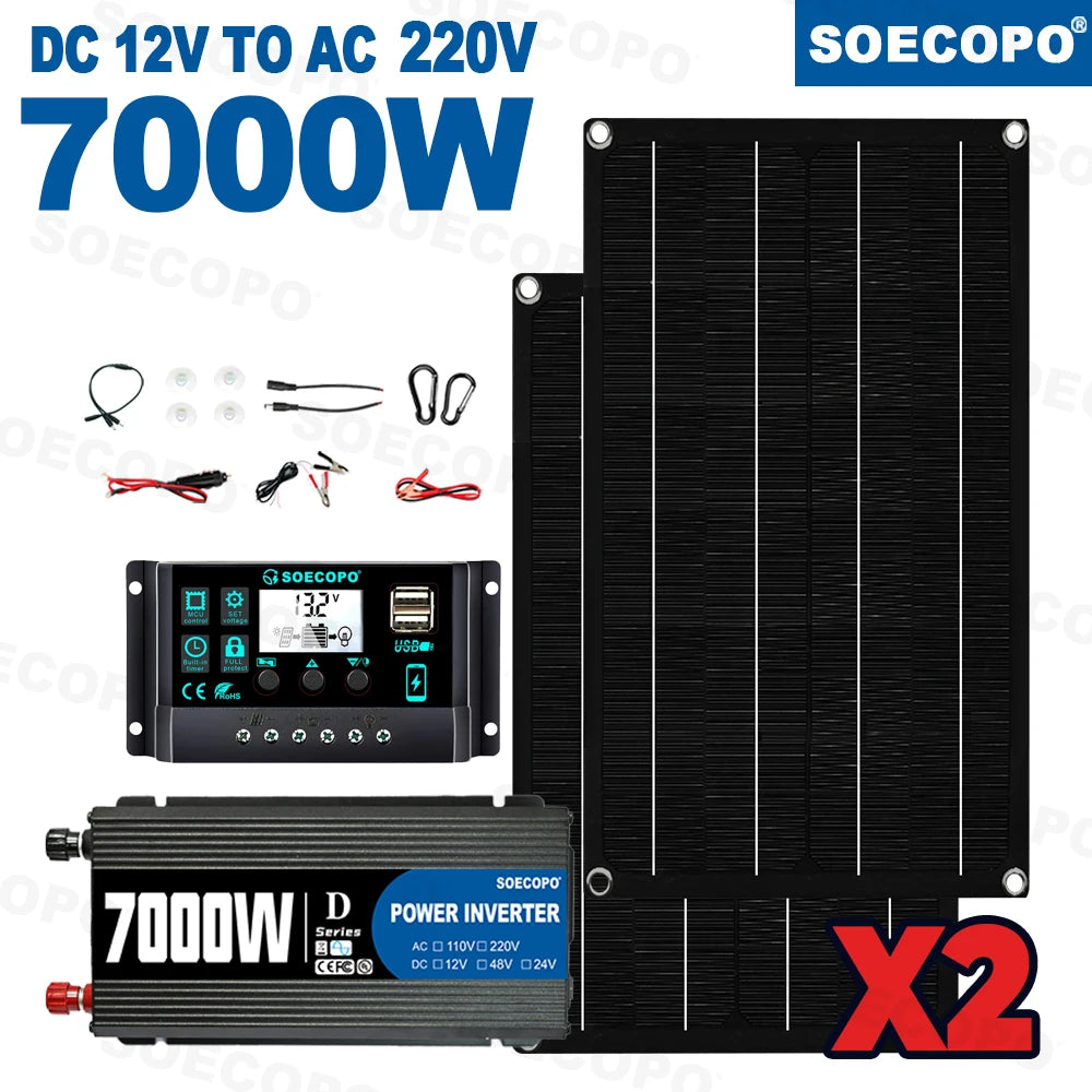 SOECOPO 7000W Peak Solar System Kit 2x800W Panels 100A Controller DC 12V To AC 110V 220V Inverter Generator for Home Camping