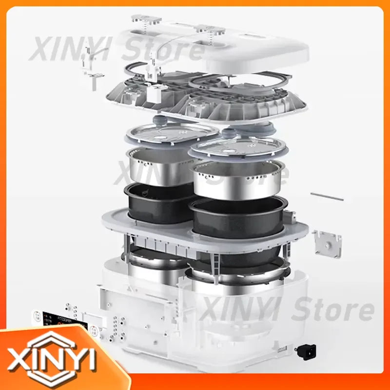 White mini smart rice cooker base with stacked inner components and open lid