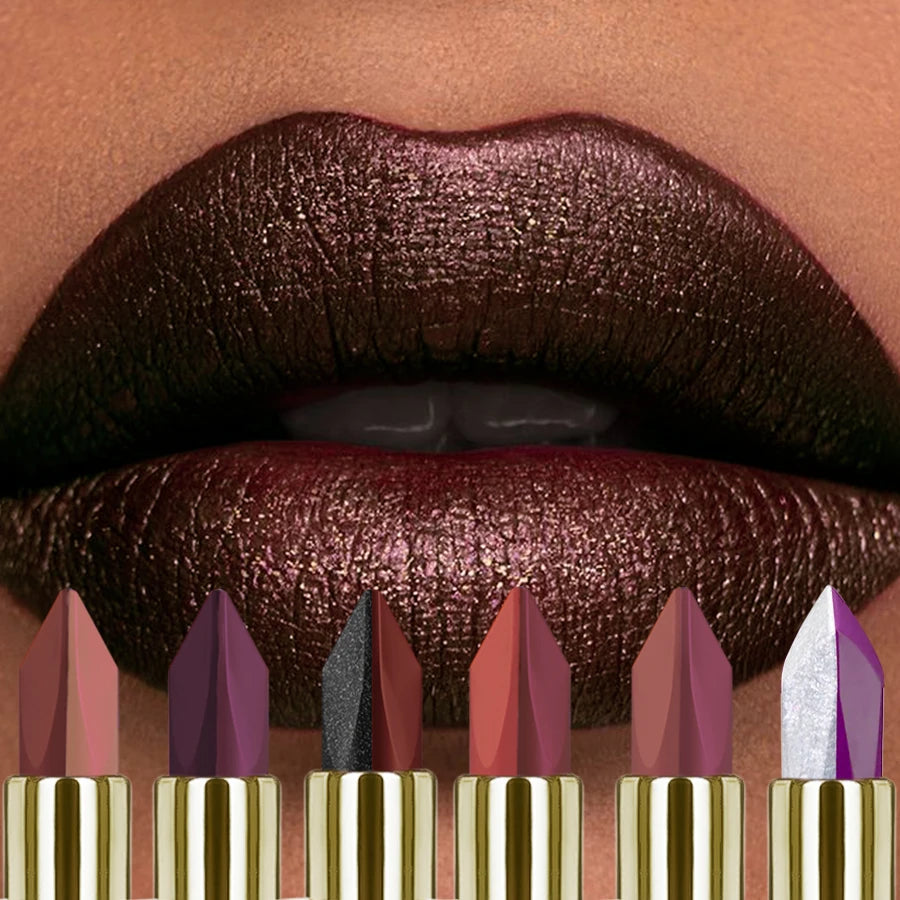 Two-tone glitter and matte lipstick collection in purple, black, and red shades for a moisturizing, sexy lip makeup look.