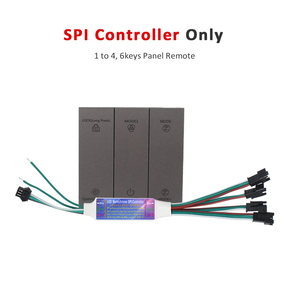 SPI LED controller module with 4-key remote panel and connected wire harness