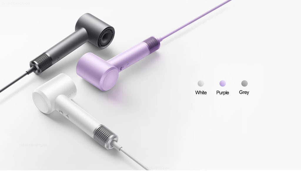 Mijia H501 high-speed hair dryers in white, purple, and grey featuring sleek, professional ionic hair care design.