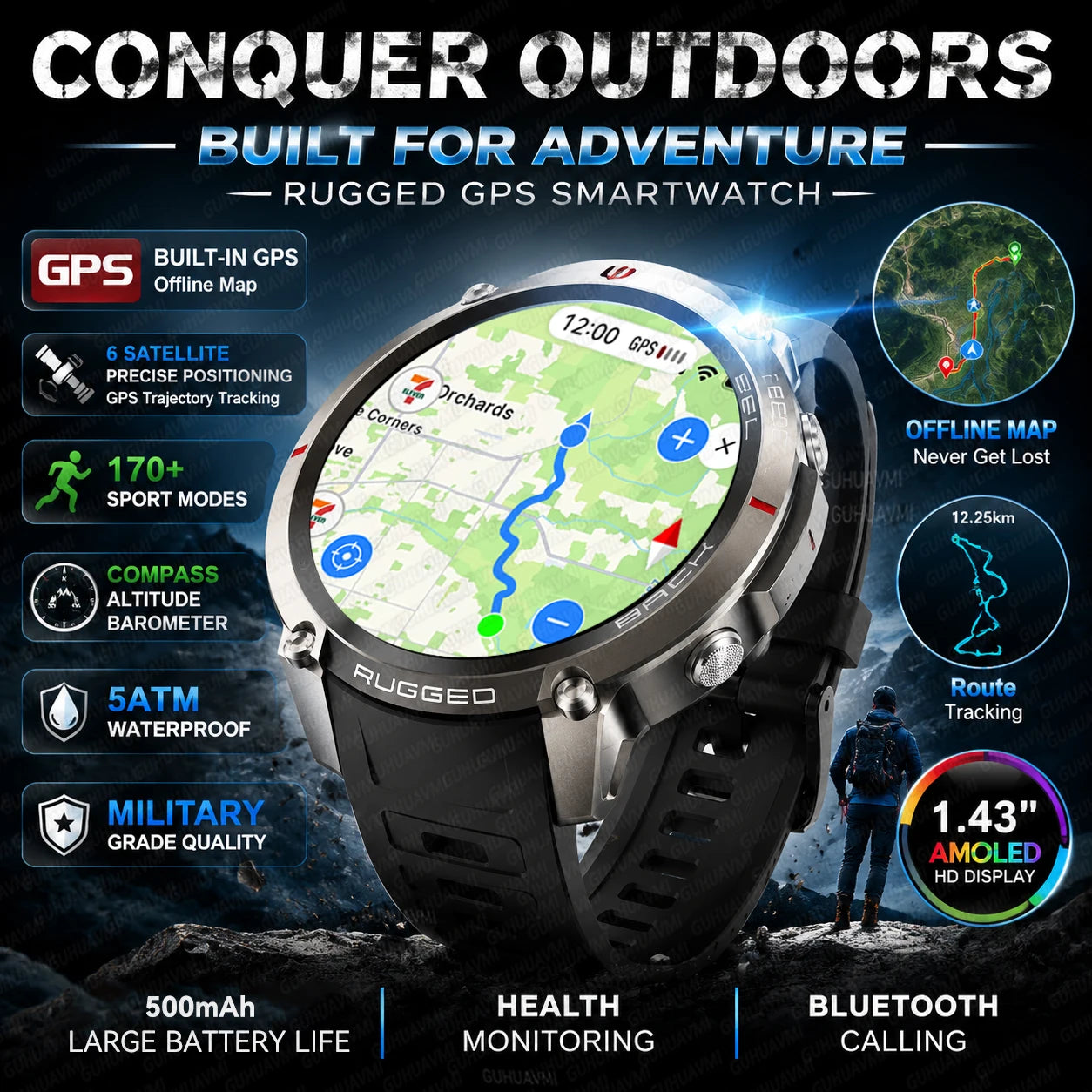 2026 New Sports Smart Watch With GPS Offline Map Download Bluetooth Call Military Clock Fitness Tracker Waterproof Bracelets Men