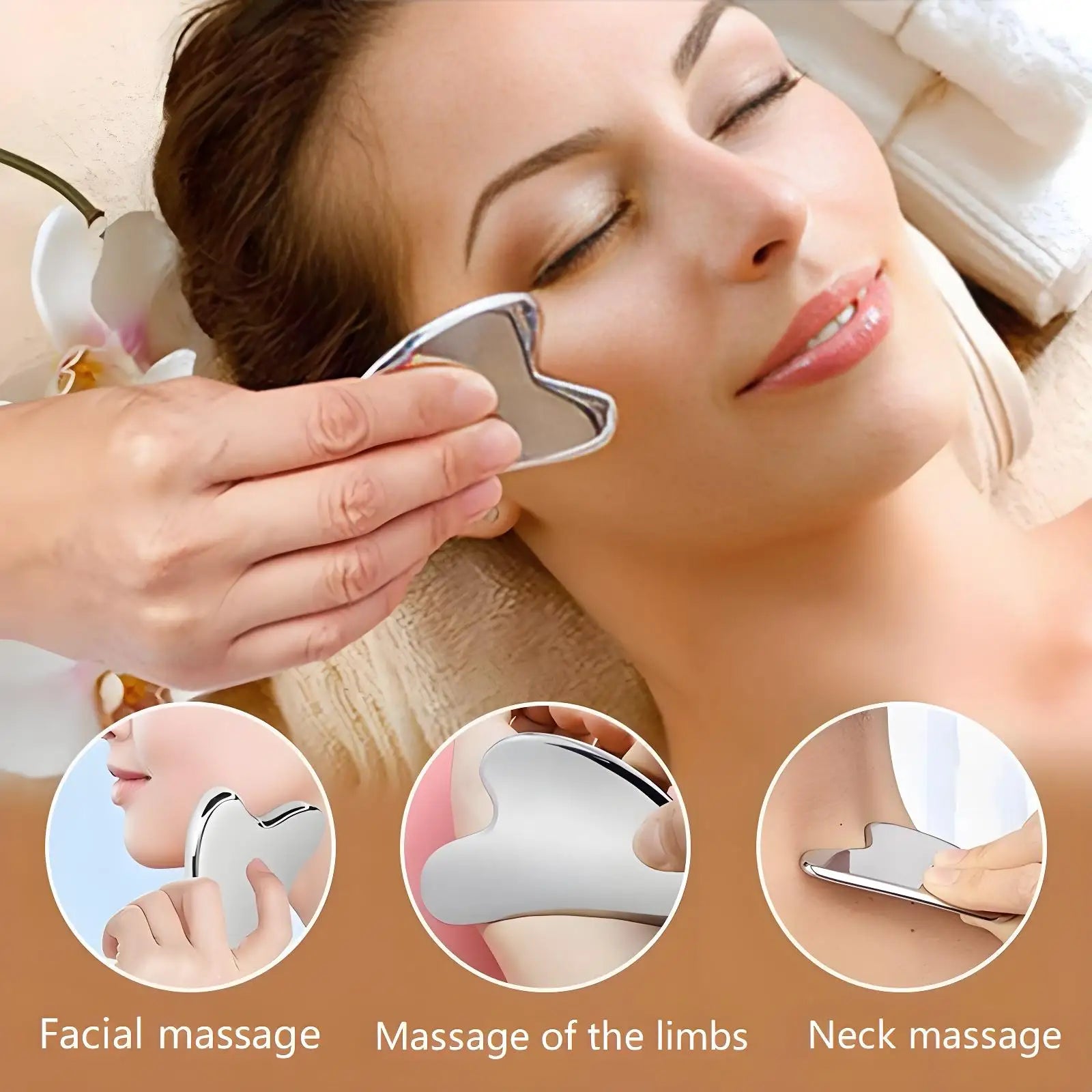 Smooth, heart-shaped stainless steel Gua Sha tool being used to massage the face, neck, and limbs.