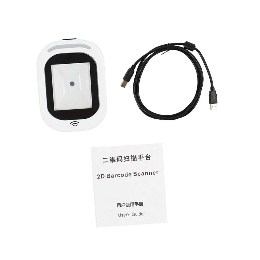 White 2D barcode scanner kit with USB cable and user guide