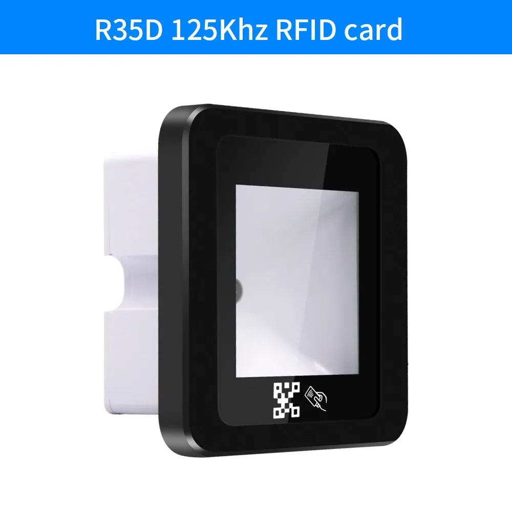 Black QR/RFID access scanner with square display window and scan icons