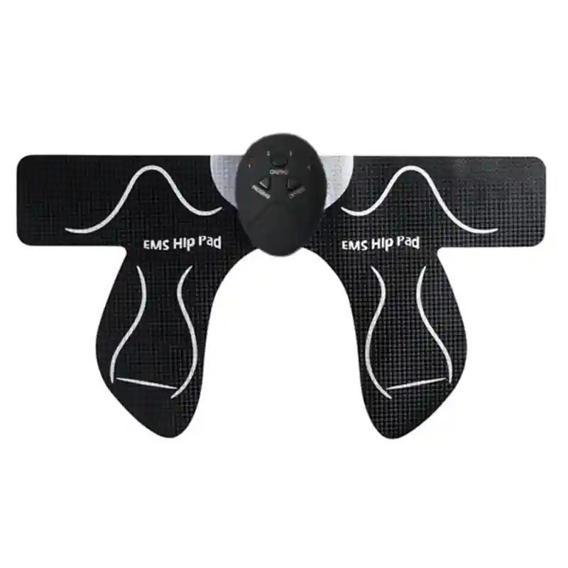 Black, butterfly-shaped EMS hip pad with textured silicone surface and a central electronic control unit for toning.