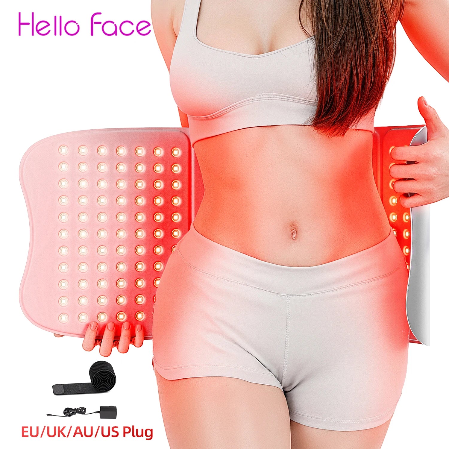 Hello Face L7 large red light therapy mat, a flexible pink pad with visible LEDs, shown wrapped around a person's waist.